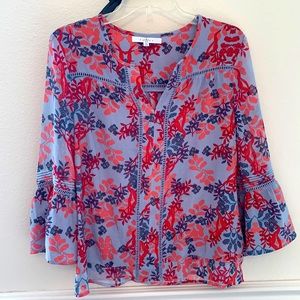 EUC Beautiful Dusty Blue & Peach Floral Oversized Blouse